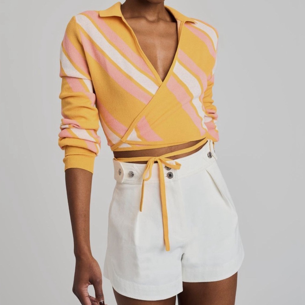 Derek Lam 10 Crosby Womens Orange Striped Cropped Waist Wrap Sweater size medium
